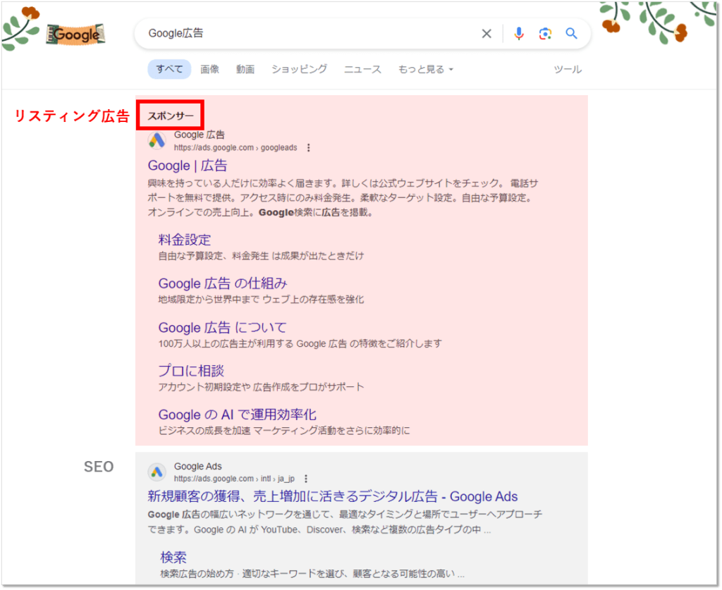 Google検索結果におけるリスティング広告箇所のイメージ